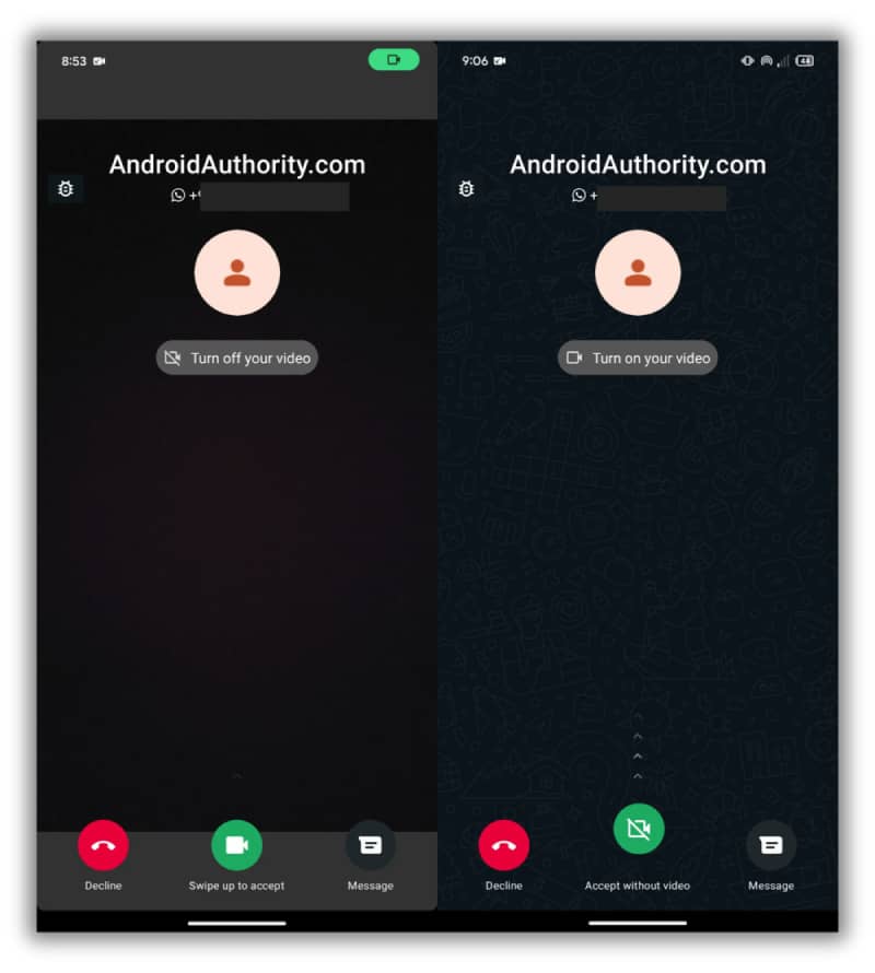Close-up of a smartphone screen showing WhatsApp's video call interface with the 'Turn off your video' button highlighted.